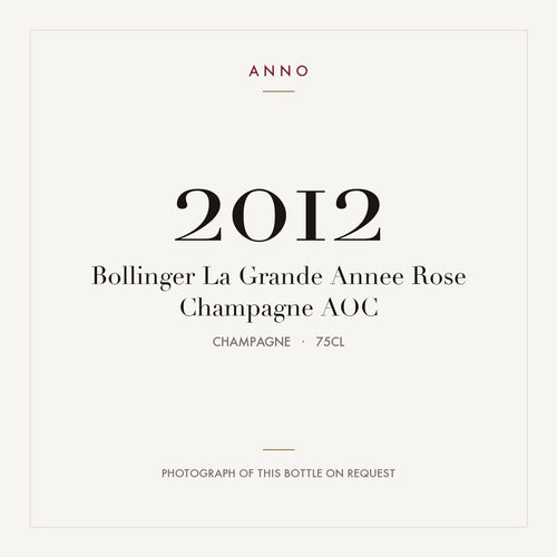 Bollinger La Grande Annee Rose Champagne 2012 AOC 0,75l, Champagne — tarjeta de añada ANNO; foto de la botella real disponible bajo petición