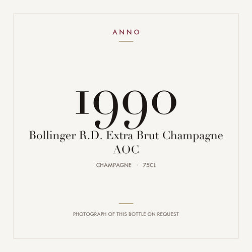 Bollinger R.D. Extra Brut Champagne 1990 AOC 0,75l from Champagne — ANNO vintage card; photograph of the actual bottle available on request