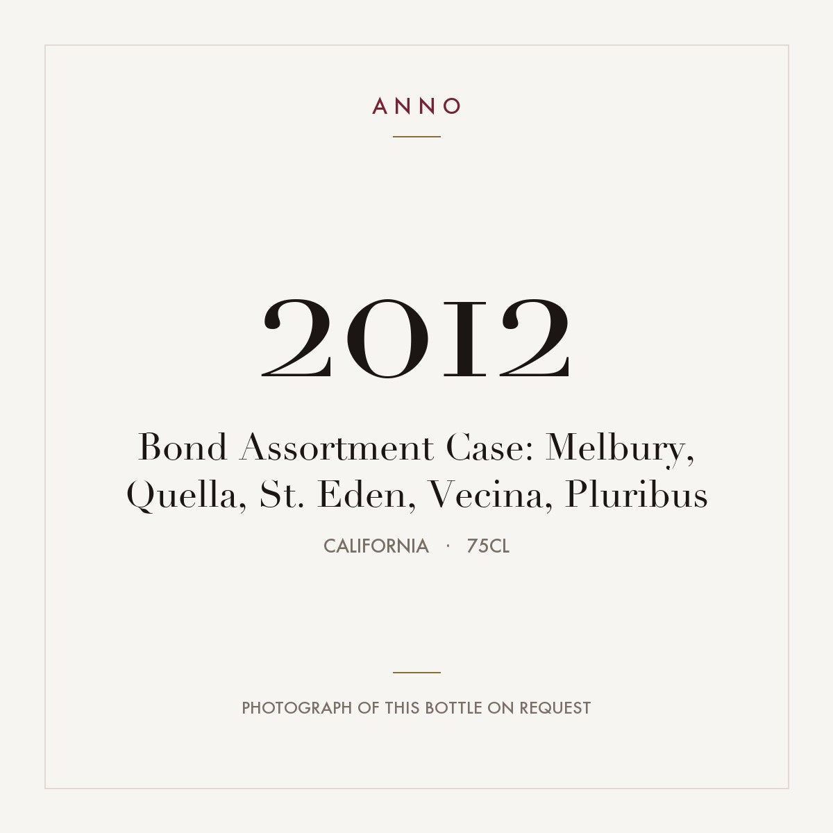 Bond Assortment Case: Melbury, Quella, St. Eden, Vecina, Pluribus 2012 0,75l from California — ANNO vintage card; photograph of the actual bottle available on request