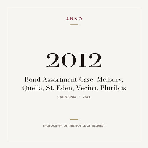 Bond Assortment Case: Melbury, Quella, St. Eden, Vecina, Pluribus 2012 0,75l from California — ANNO vintage card; photograph of the actual bottle available on request