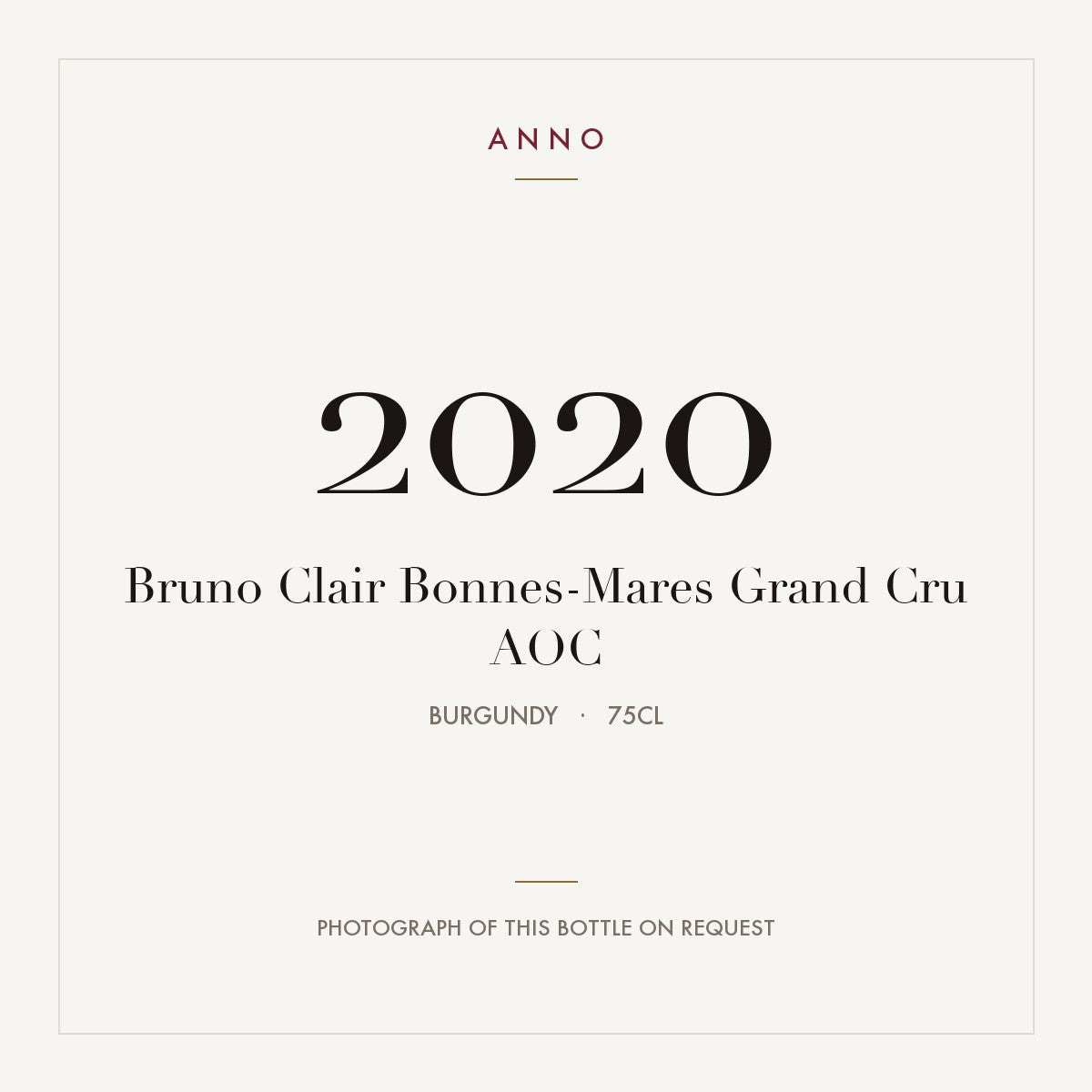Bruno Clair Bonnes-Mares Grand Cru 2020 AOC 0,75l from Burgundy — ANNO vintage card; photograph of the actual bottle available on request