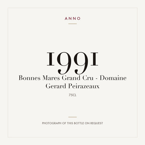 Domaine Gerard Peirazeaux Bonnes-Mares Grand Cru 1991 AOC 0,75l — carte millésime ANNO ; photo de la bouteille réelle disponible sur demande