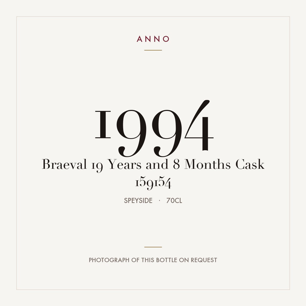 Braeval 19 Years and 8 Months Cask 159154 1994 0,7l from Speyside — ANNO vintage card; photograph of the actual bottle available on request