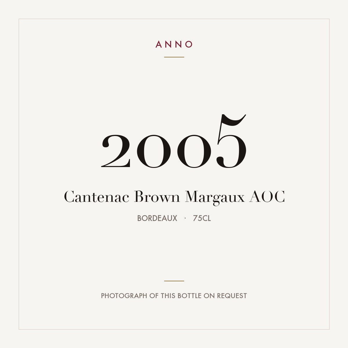 Cantenac Brown Margaux 2005 AOC 0,75l from Bordeaux — ANNO vintage card; photograph of the actual bottle available on request