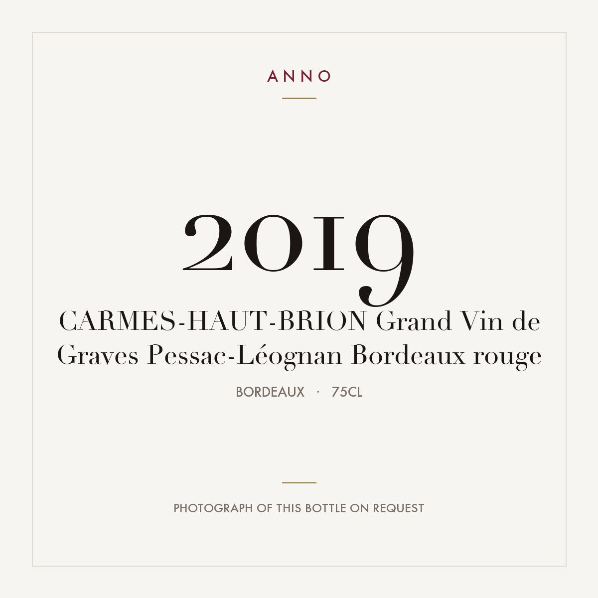 Chateau Les Carmes Haut-Brion Grand Vin de Graves Pessac-Leognan 2019 AOC 0,75l — ANNO vintage card; photograph of the actual bottle available on request