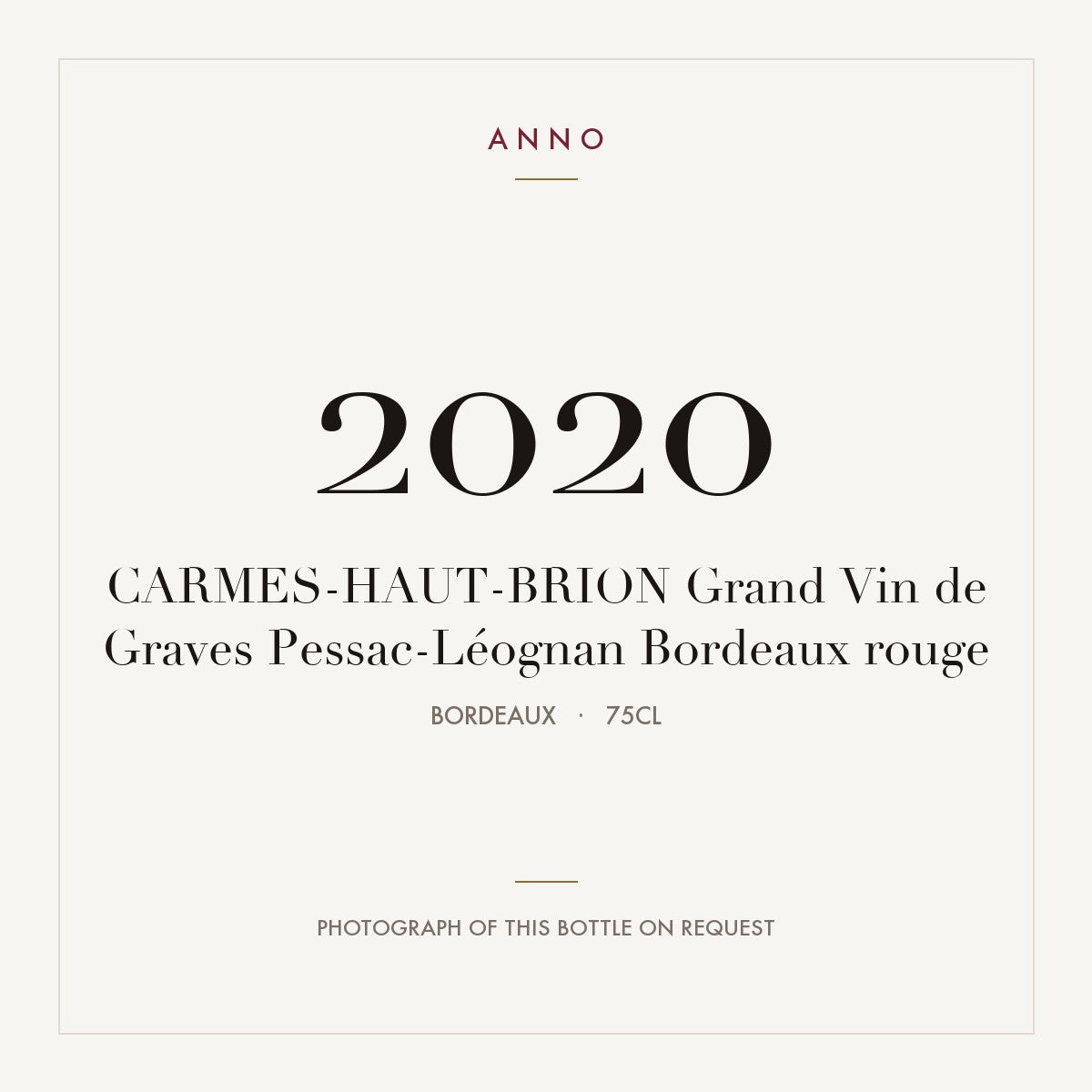 Chateau Les Carmes Haut-Brion Grand Vin de Graves Pessac-Leognan 2020 AOC 0,75l — ANNO vintage card; photograph of the actual bottle available on request