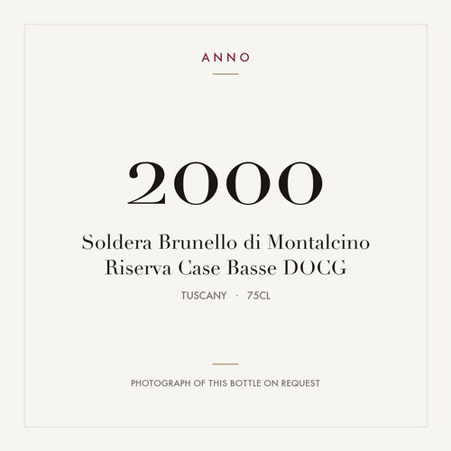 Soldera Brunello di Montalcino Riserva Case Basse 2000 DOCG 0,75l from Tuscany — ANNO vintage card; photograph of the actual bottle available on request