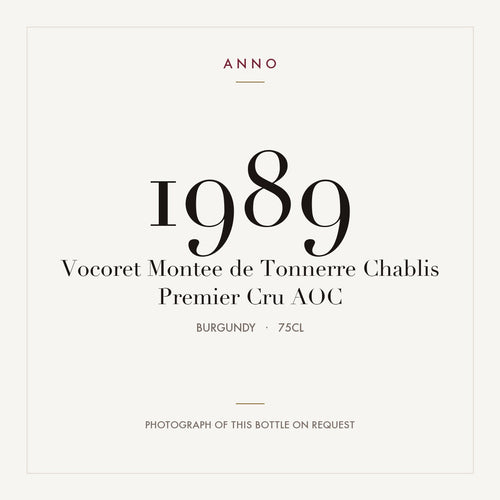Vocoret Montee de Tonnerre Chablis Premier Cru 1989 AOC 0,75l from Burgundy — ANNO vintage card; photograph of the actual bottle available on request