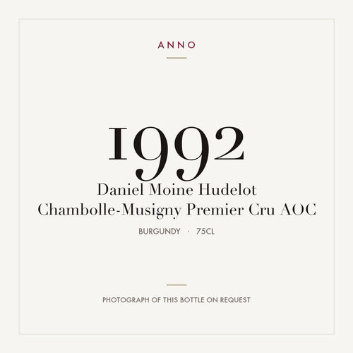 Daniel Moine Hudelot Chambolle-Musigny Premier Cru 1992 AOC 0,75l from Burgundy — ANNO vintage card; photograph of the actual bottle available on request