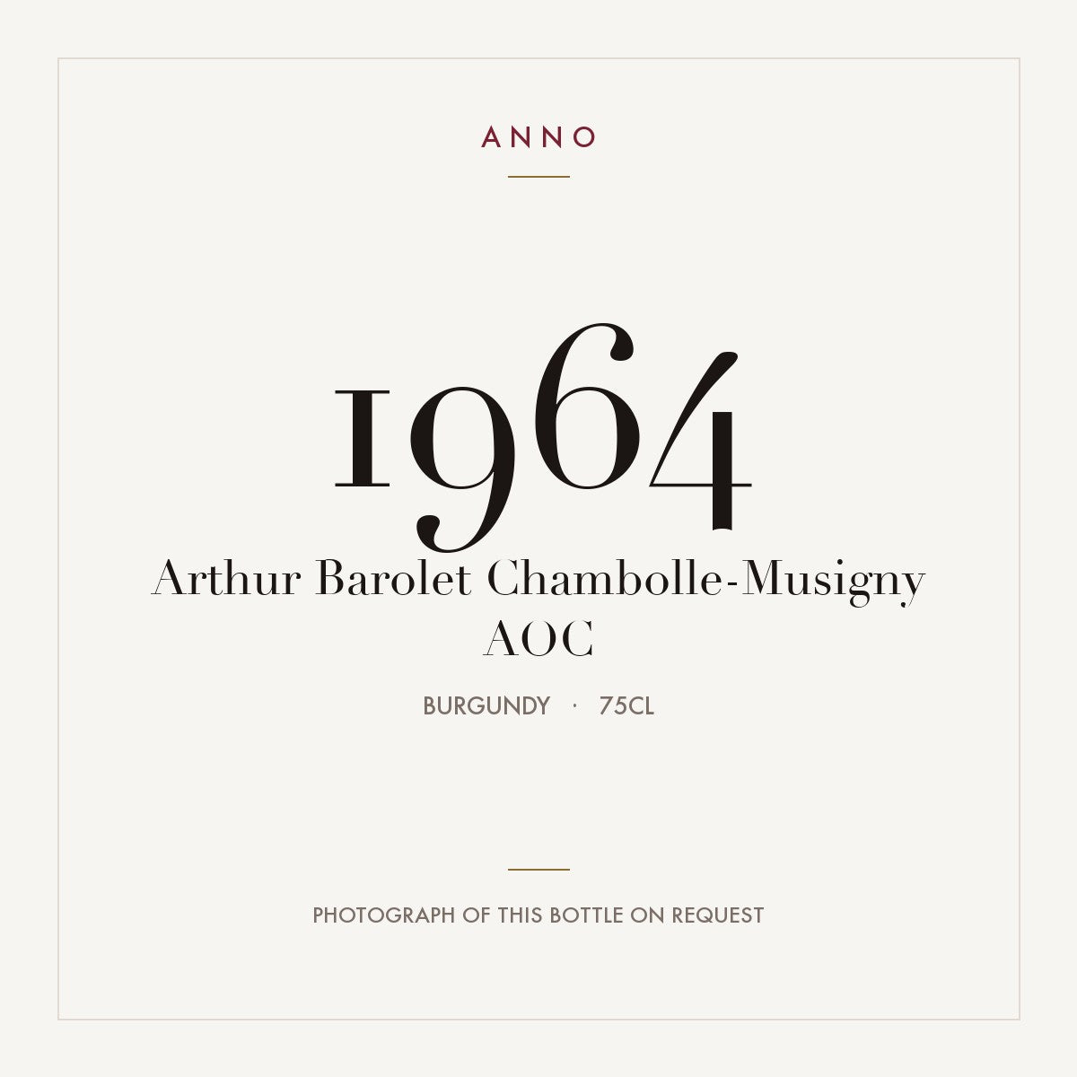 Arthur Barolet Chambolle-Musigny 1964 AOC 0,75l from Burgundy — ANNO vintage card; photograph of the actual bottle available on request