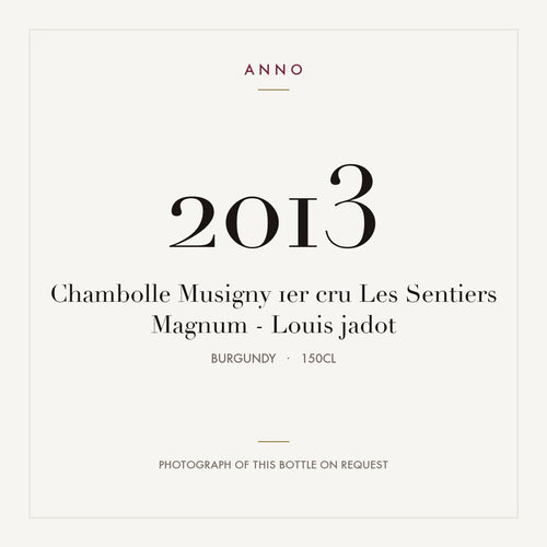 Louis Jadot Chambolle-Musigny Premier Cru Les Sentiers 2013 AOC 1,5l — ANNO-jaargangkaart; foto van de echte fles op aanvraag