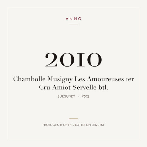 Amiot-Servelle Chambolle-Musigny Premier Cru Les Amoureuses 2010 AOC 0,75l — tarjeta de añada ANNO; foto de la botella real disponible bajo petición