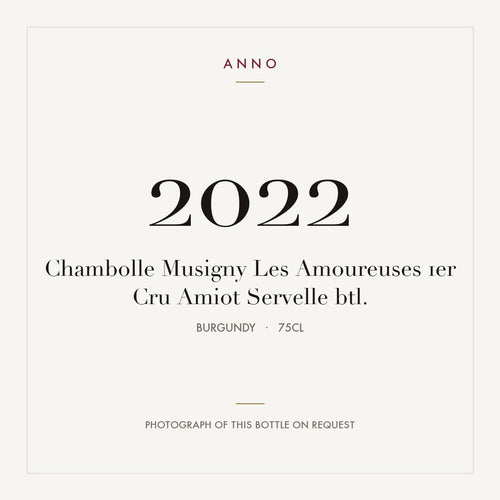 Amiot-Servelle Chambolle-Musigny Premier Cru Les Amoureuses 2022 AOC 0,75l — tarjeta de añada ANNO; foto de la botella real disponible bajo petición