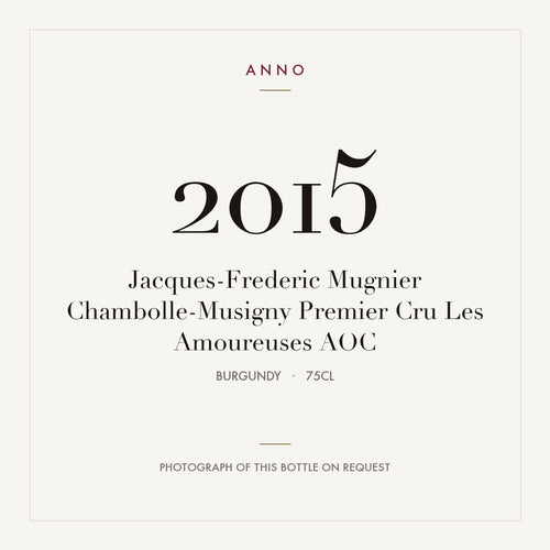 Jacques-Frederic Mugnier Chambolle-Musigny Premier Cru Les Amoureuses 2015 AOC 0,75l from Burgundy — ANNO vintage card; photograph of the actual bottle available on request