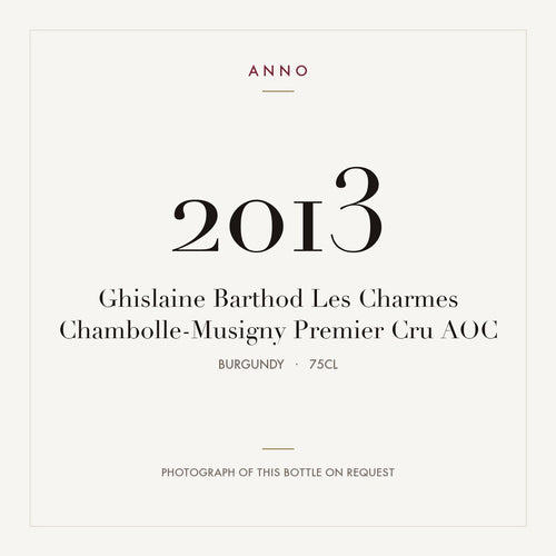 Ghislaine Barthod Les Charmes Chambolle-Musigny Premier Cru 2013 AOC 0,75l, Bourgogne — carte millésime ANNO ; photo de la bouteille réelle disponible sur demande