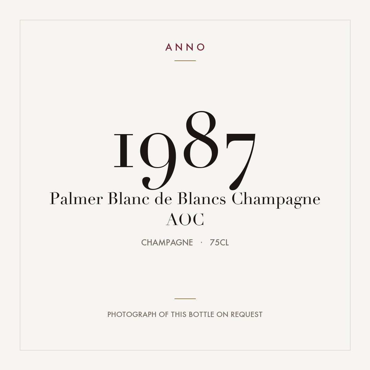Palmer Blanc de Blancs Champagne 1987 AOC 0,75l from Champagne — ANNO vintage card; photograph of the actual bottle available on request