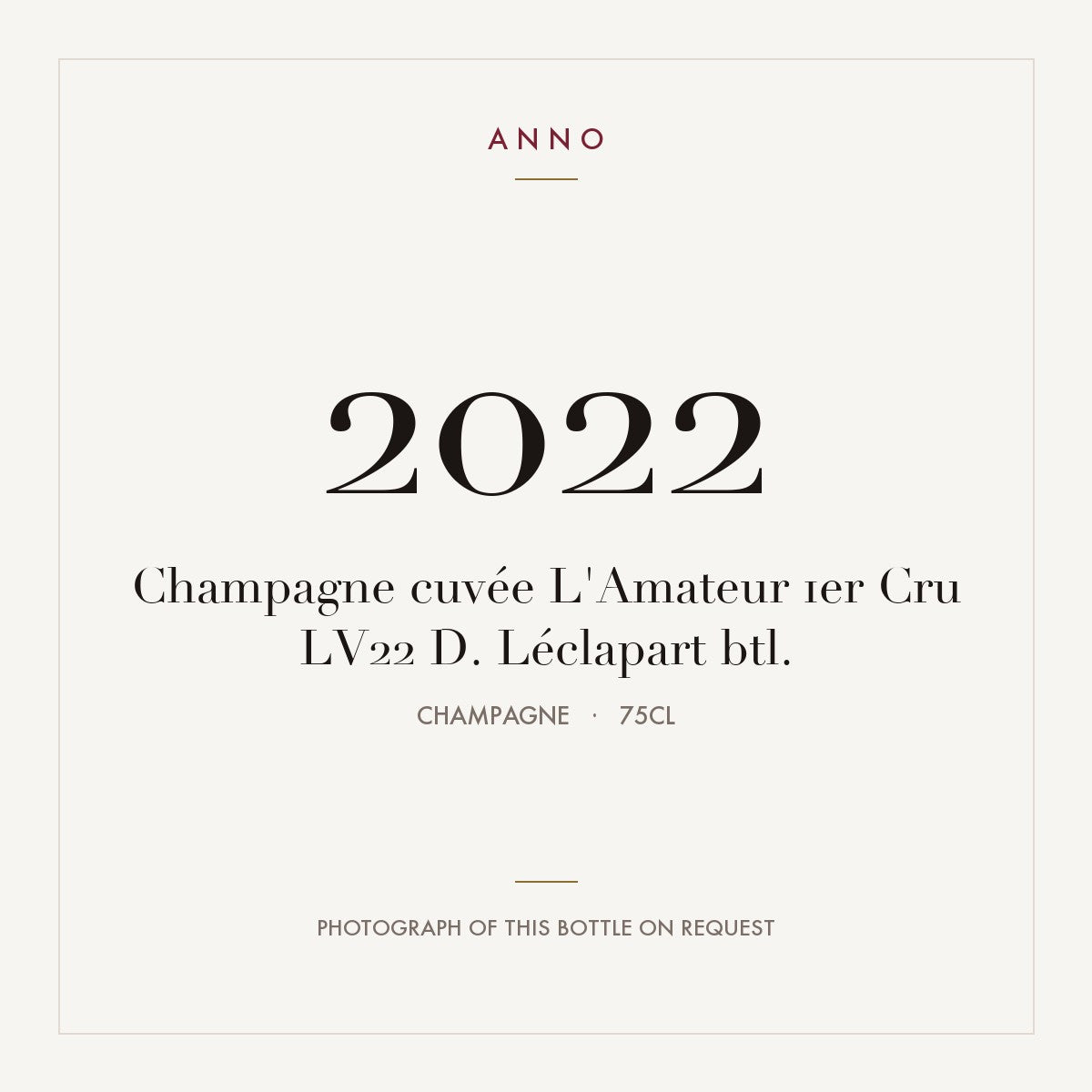 David Leclapart L'Amateur Champagne Premier Cru 2022 AOC 0,75l — ANNO vintage card; photograph of the actual bottle available on request