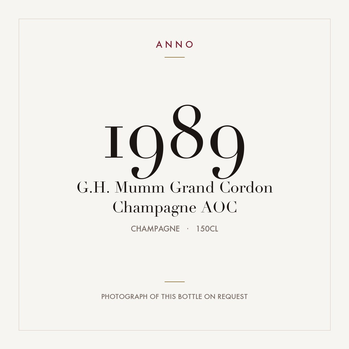 G.H. Mumm Grand Cordon Champagne 1989 AOC 1,5l from Champagne — ANNO vintage card; photograph of the actual bottle available on request
