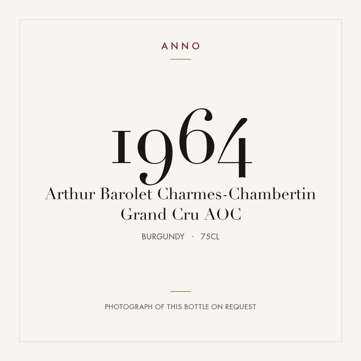Arthur Barolet Charmes-Chambertin Grand Cru 1964 AOC 0,75l from Burgundy — ANNO vintage card; photograph of the actual bottle available on request
