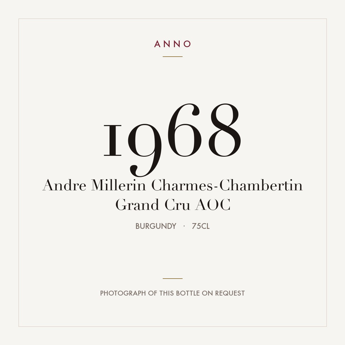 Andre Millerin Charmes-Chambertin Grand Cru 1968 AOC 0,75l from Burgundy — ANNO vintage card; photograph of the actual bottle available on request