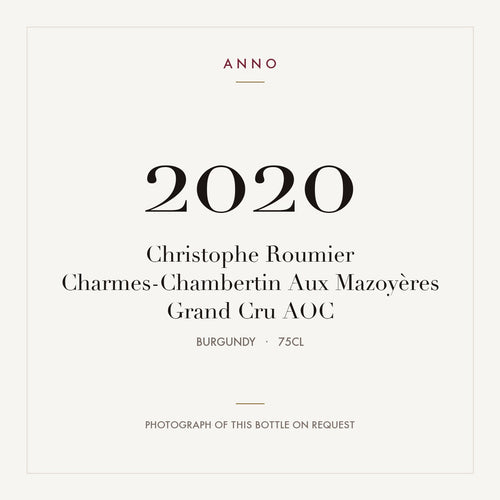 Christophe Roumier Charmes-Chambertin Grand Cru Aux Mazoyeres 2020 AOC 0,75l — tarjeta de añada ANNO; foto de la botella real disponible bajo petición