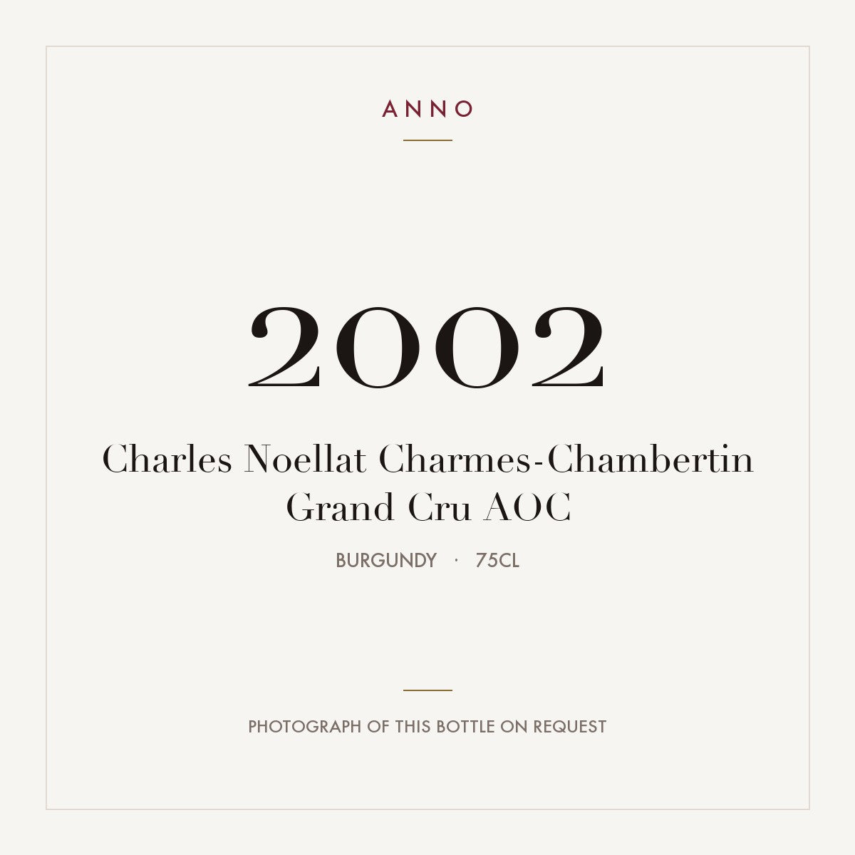 Charles Noellat Charmes-Chambertin Grand Cru 2002 AOC 0,75l from Burgundy — ANNO vintage card; photograph of the actual bottle available on request