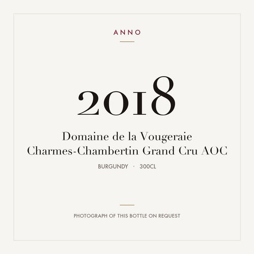 Domaine de la Vougeraie Charmes-Chambertin Grand Cru 2018 AOC 3l from Burgundy — ANNO vintage card; photograph of the actual bottle available on request