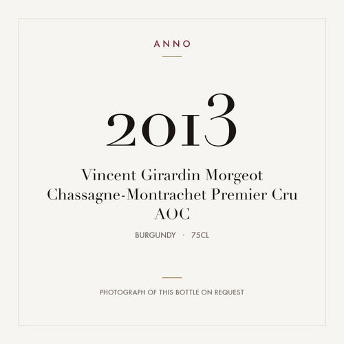 Vincent Girardin Morgeot Chassagne-Montrachet Premier Cru 2013 AOC 0,75l from Burgundy — ANNO vintage card; photograph of the actual bottle available on request