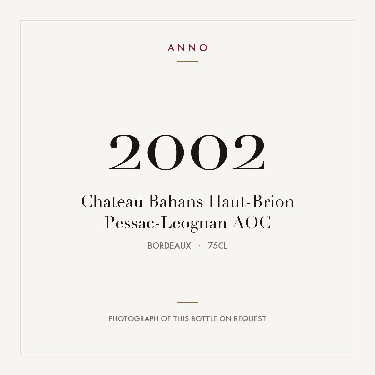 Chateau Bahans Haut-Brion Pessac-Leognan 2002 AOC 0,75l from Bordeaux — ANNO vintage card; photograph of the actual bottle available on request