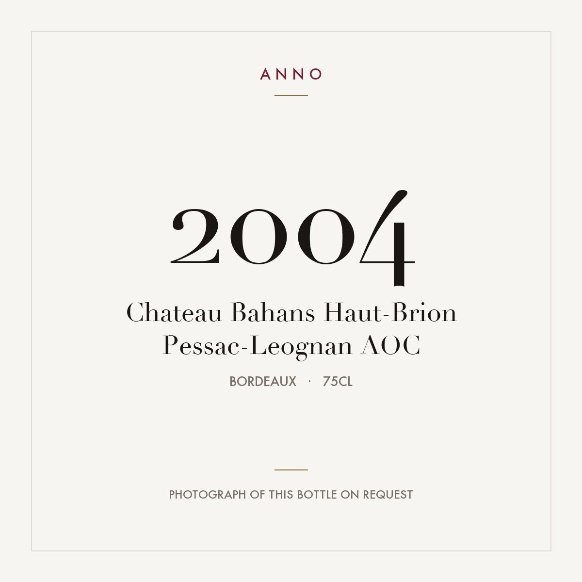 Chateau Bahans Haut-Brion Pessac-Leognan 2004 AOC 0,75l from Bordeaux — ANNO vintage card; photograph of the actual bottle available on request