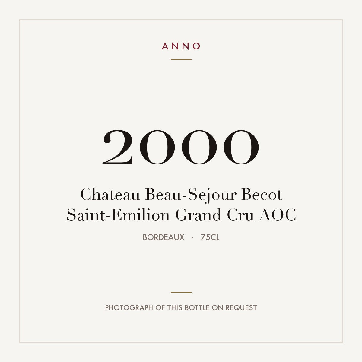 Chateau Beau-Sejour Becot Saint-Emilion Grand Cru 2000 AOC 0,75l from Bordeaux — ANNO vintage card; photograph of the actual bottle available on request