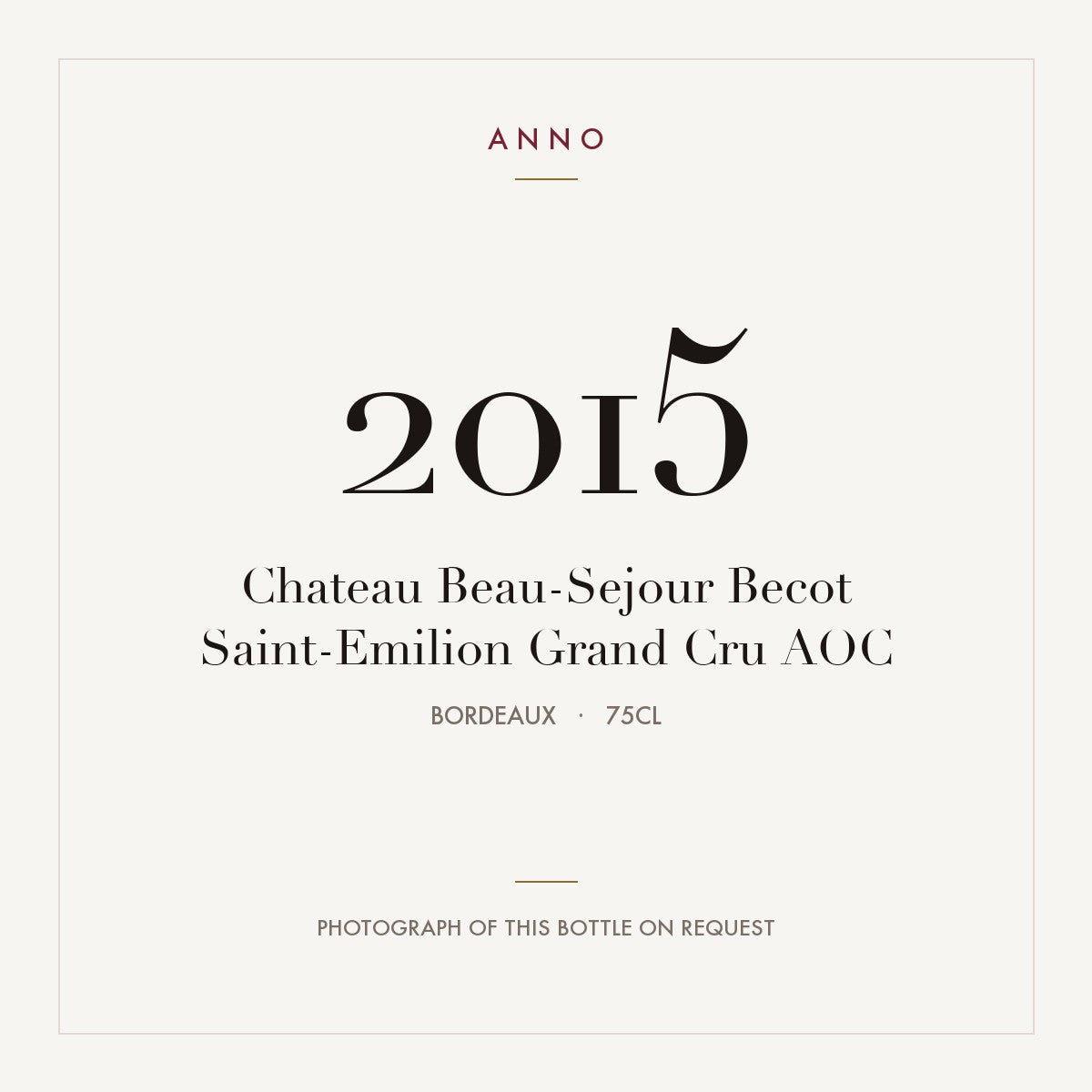 Chateau Beau-Sejour Becot Saint-Emilion Grand Cru 2015 AOC 0,75l from Bordeaux — ANNO vintage card; photograph of the actual bottle available on request