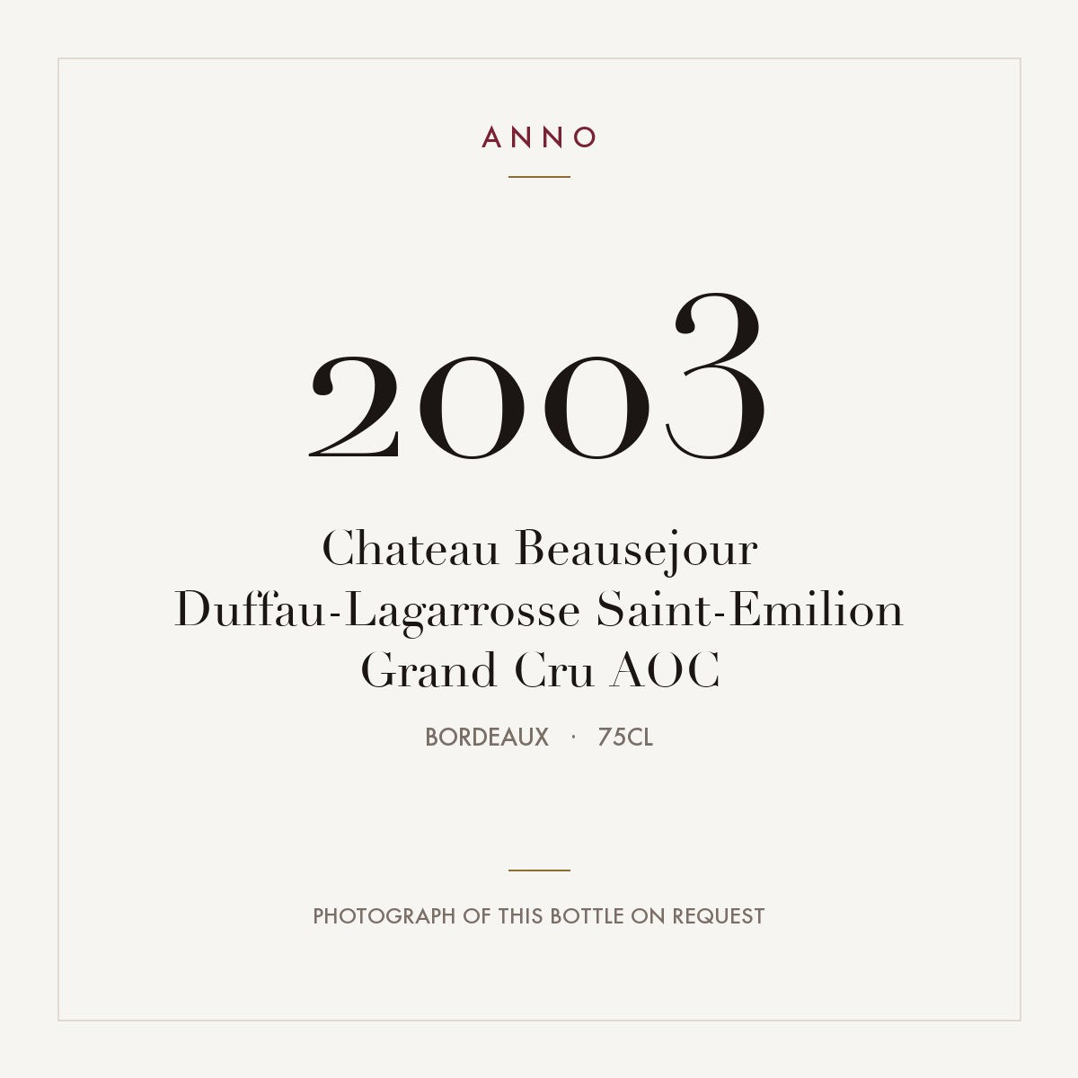 Chateau Beausejour Duffau-Lagarrosse Saint-Emilion Grand Cru 2003 AOC 0,75l from Bordeaux — ANNO vintage card; photograph of the actual bottle available on request