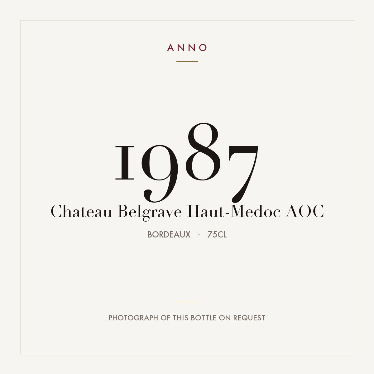 Chateau Belgrave Haut-Medoc 1987 AOC 0,75l from Bordeaux — ANNO vintage card; photograph of the actual bottle available on request