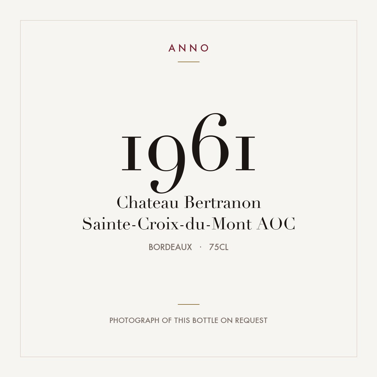 Chateau Bertranon Sainte-Croix-du-Mont 1961 AOC 0,75l from Bordeaux — ANNO vintage card; photograph of the actual bottle available on request
