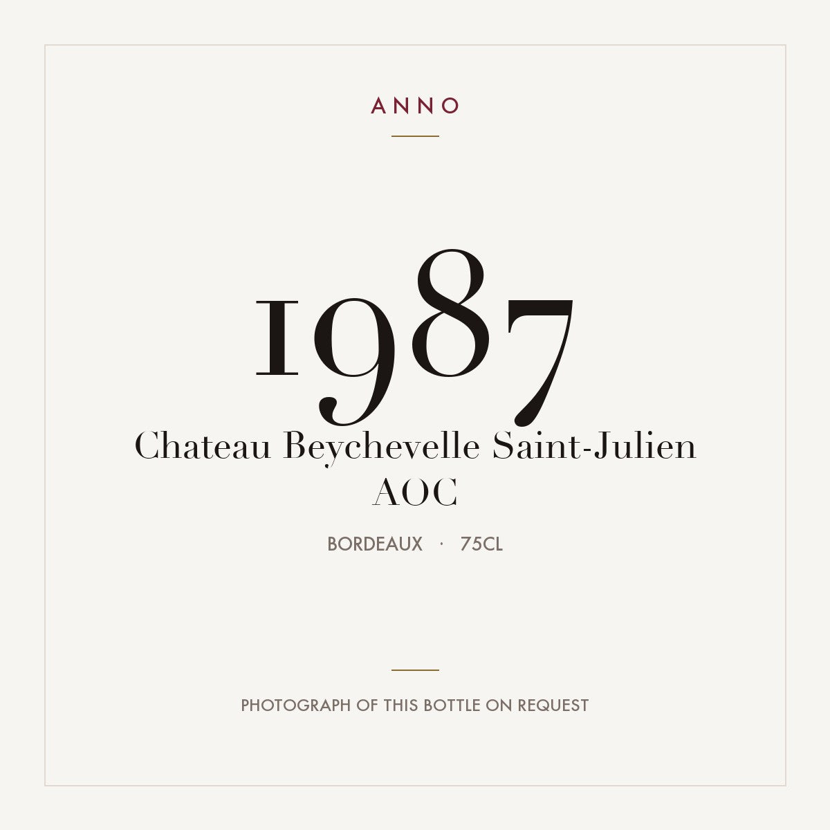 Chateau Beychevelle Saint-Julien 1987 AOC 0,75l from Bordeaux — ANNO vintage card; photograph of the actual bottle available on request