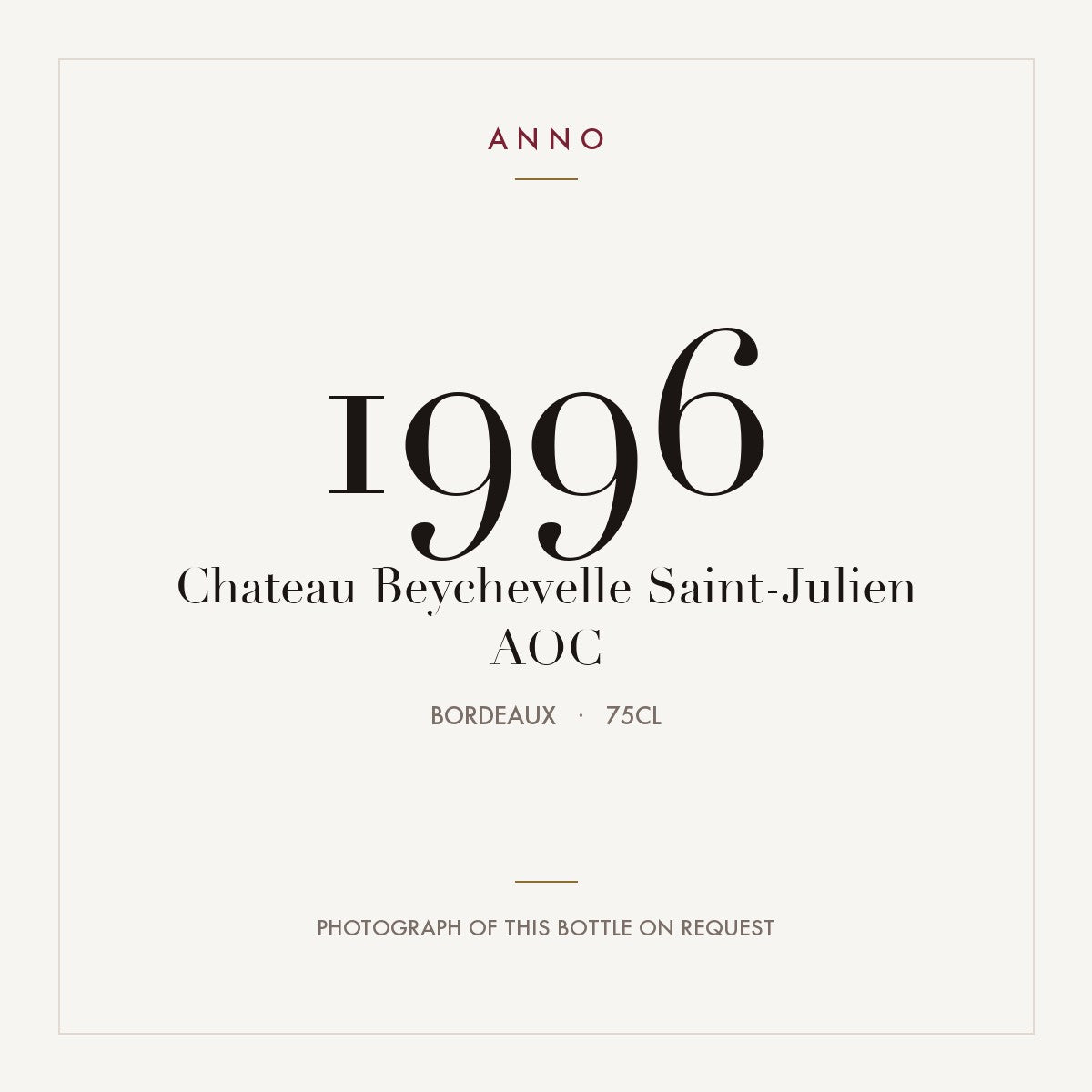 Chateau Beychevelle Saint-Julien 1996 AOC 0,75l from Bordeaux — ANNO vintage card; photograph of the actual bottle available on request
