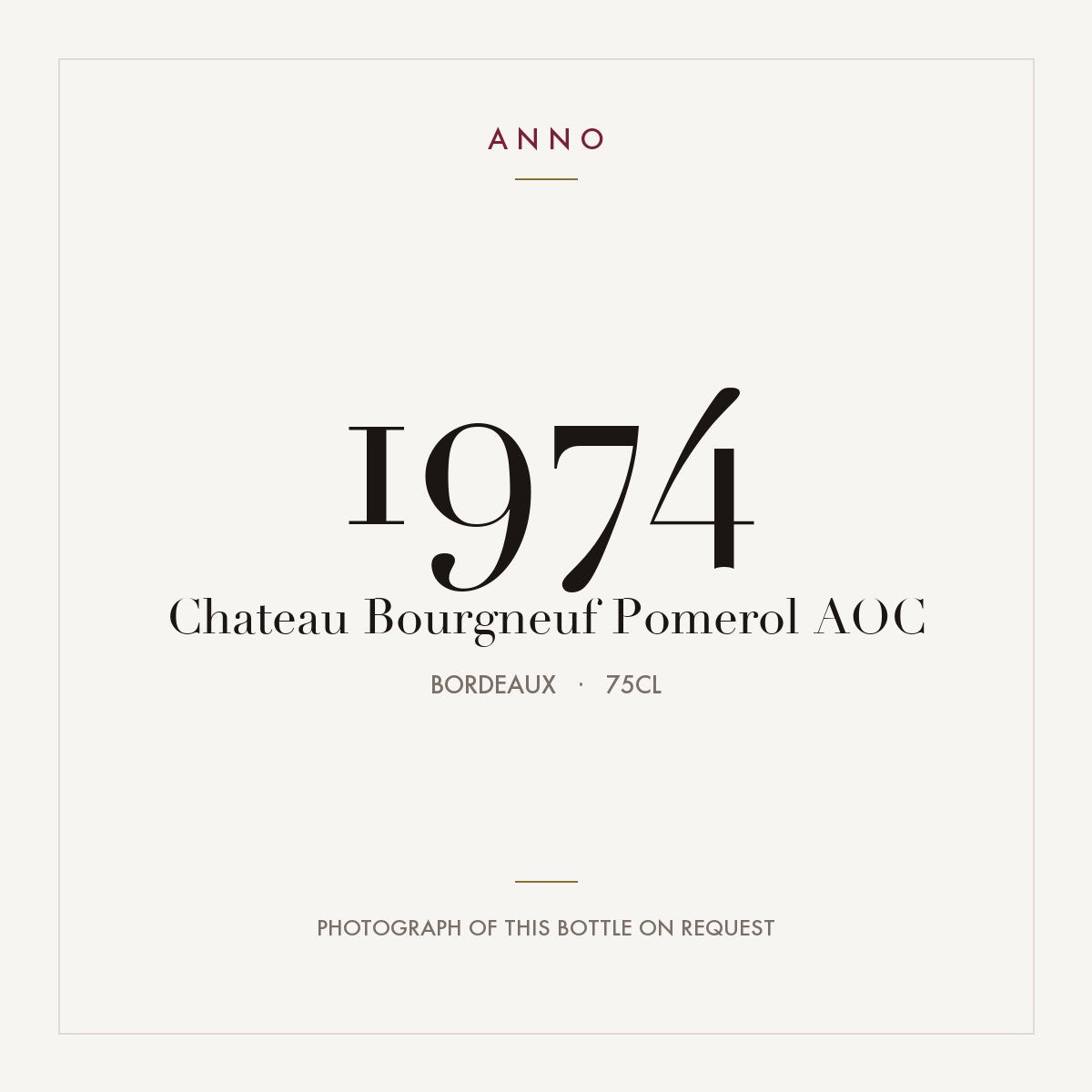 Chateau Bourgneuf Pomerol 1974 AOC 0,75l from Bordeaux — ANNO vintage card; photograph of the actual bottle available on request