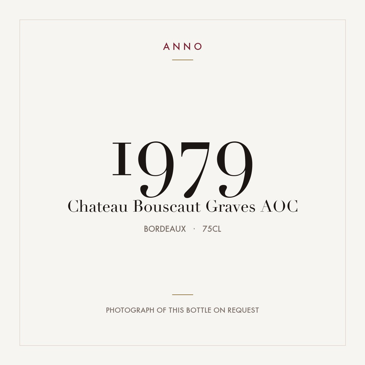 Chateau Bouscaut Pessac-Leognan 1979 AOC 0,75l from Bordeaux — ANNO vintage card; photograph of the actual bottle available on request