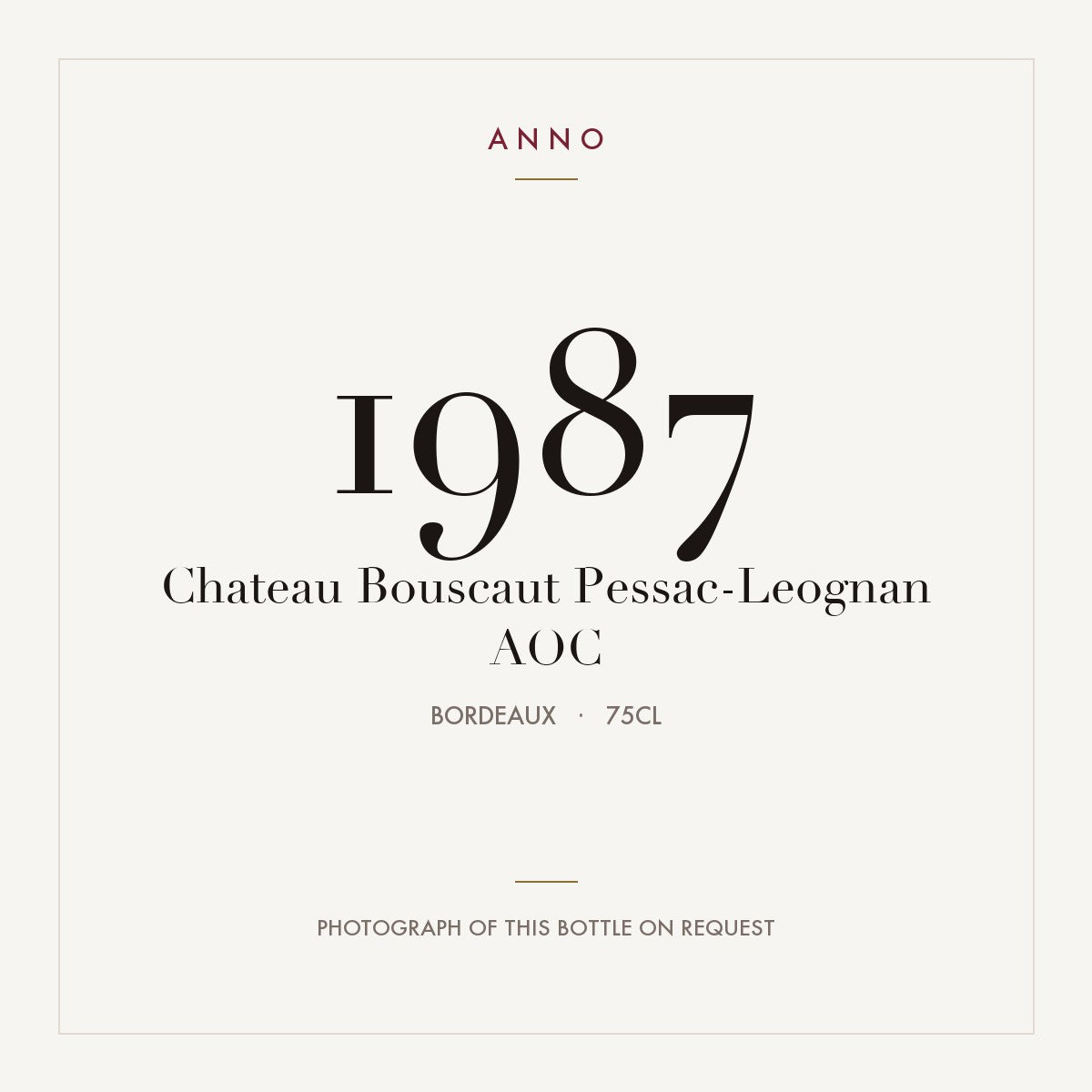 Chateau Bouscaut Pessac-Leognan 1987 AOC 0,75l from Bordeaux — ANNO vintage card; photograph of the actual bottle available on request