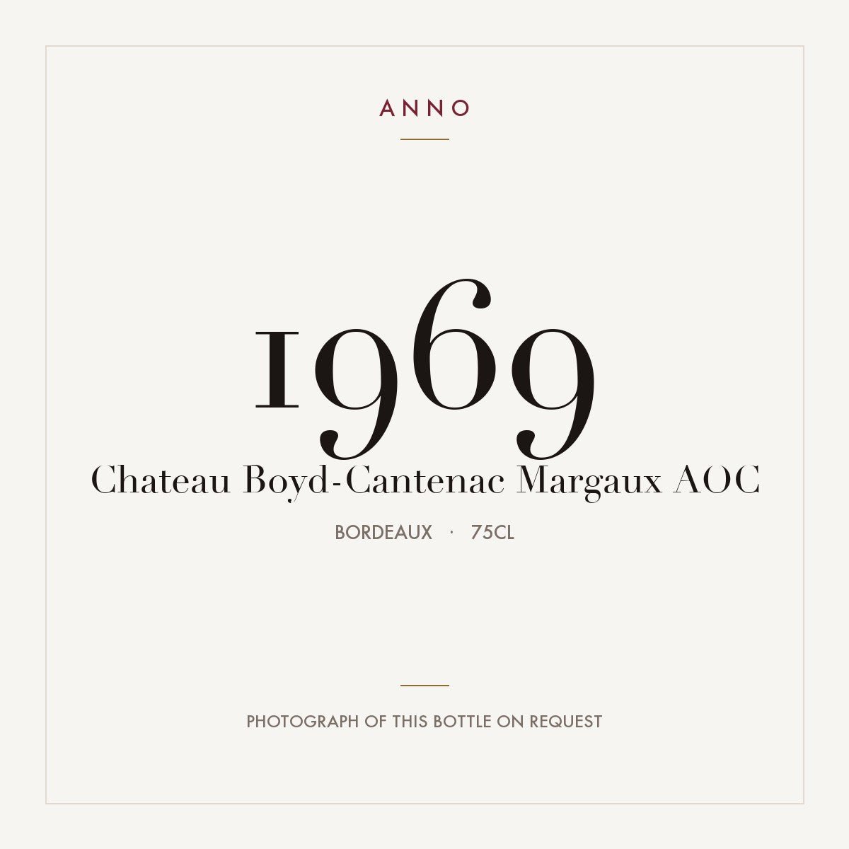 Chateau Boyd-Cantenac Margaux 1969 AOC 0,75l from Bordeaux — ANNO vintage card; photograph of the actual bottle available on request