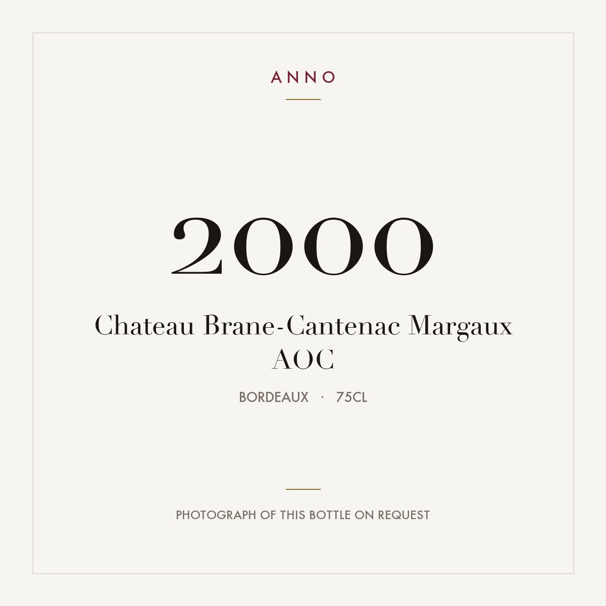 Chateau Brane-Cantenac Margaux 2000 AOC 0,75l from Bordeaux — ANNO vintage card; photograph of the actual bottle available on request