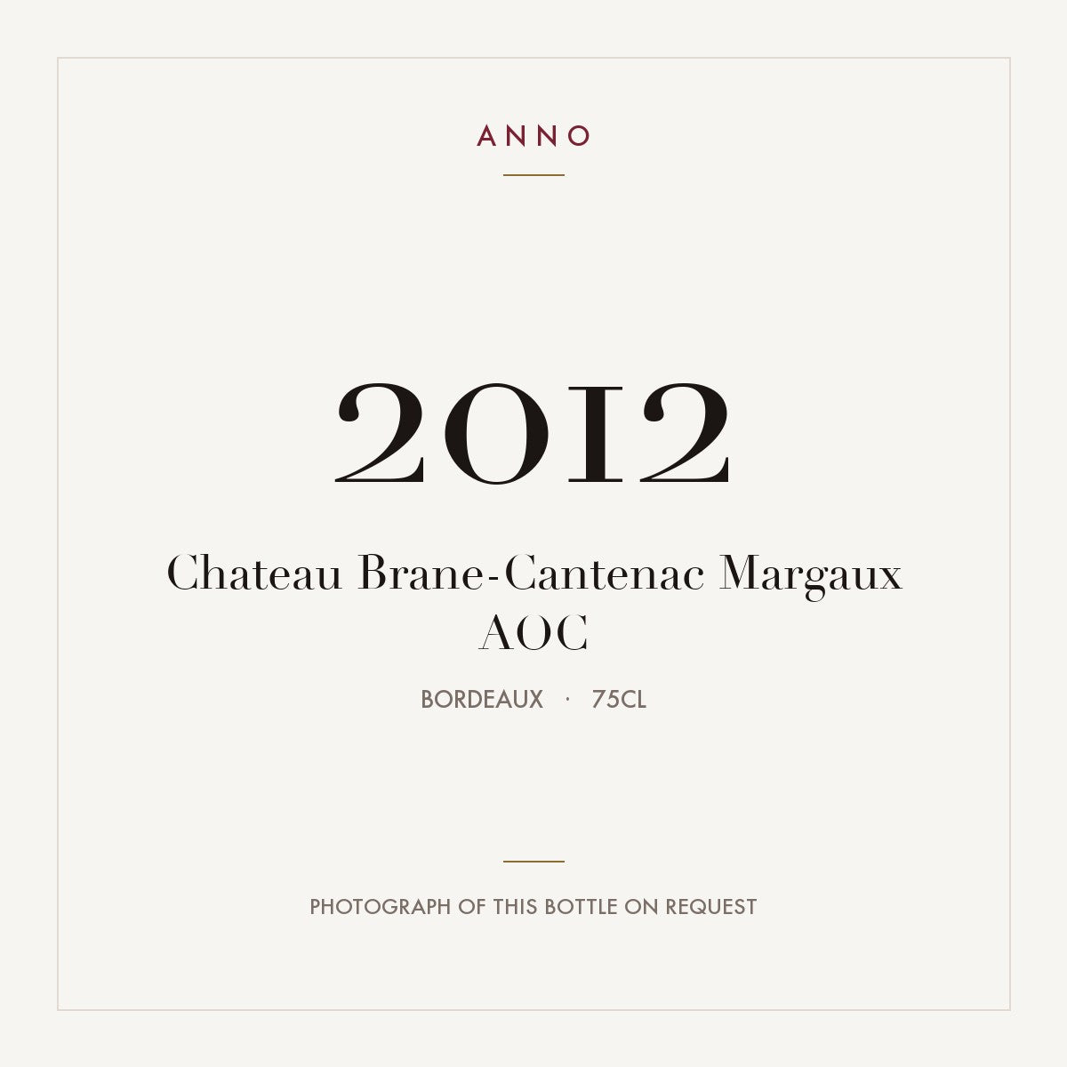 Chateau Brane-Cantenac Margaux 2012 AOC 0,75l from Bordeaux — ANNO vintage card; photograph of the actual bottle available on request