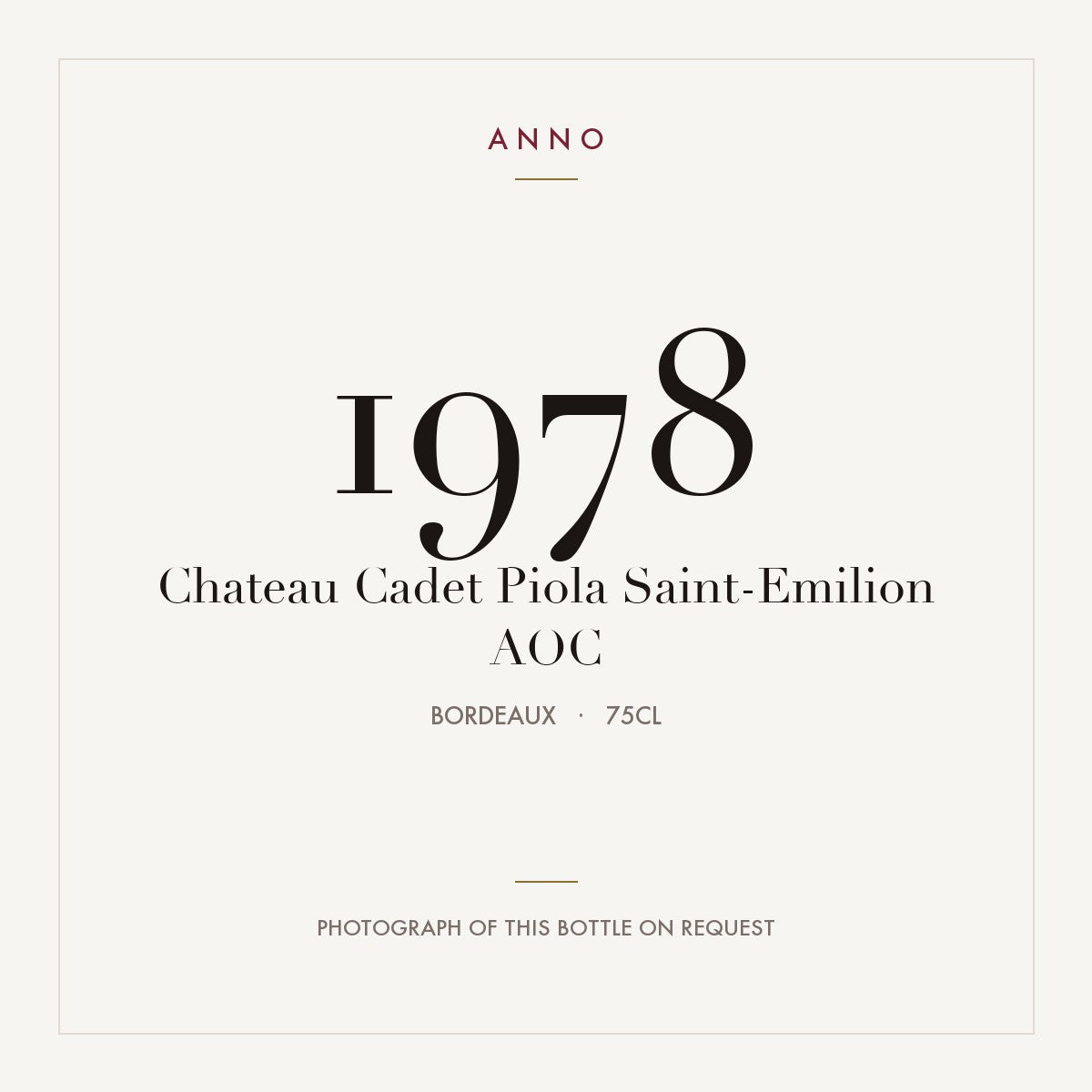 Chateau Cadet Piola Saint-Emilion 1978 AOC 0,75l from Bordeaux — ANNO vintage card; photograph of the actual bottle available on request