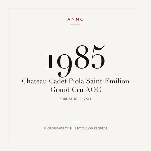 Chateau Cadet Piola Saint-Emilion Grand Cru 1985 AOC 0,75l from Bordeaux — ANNO vintage card; photograph of the actual bottle available on request