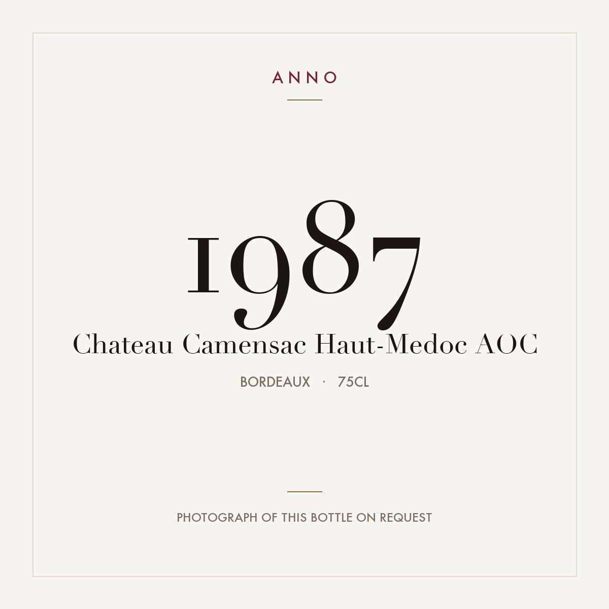 Chateau Camensac Haut-Medoc 1987 AOC 0,75l from Bordeaux — ANNO vintage card; photograph of the actual bottle available on request