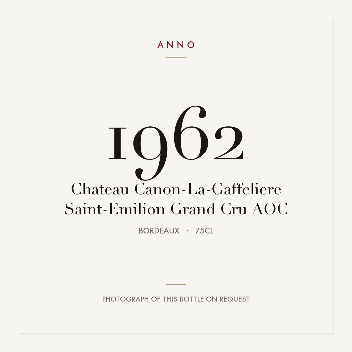 Chateau Canon-La-Gaffeliere Saint-Emilion Grand Cru 1962 AOC 0,75l from Bordeaux — ANNO vintage card; photograph of the actual bottle available on request