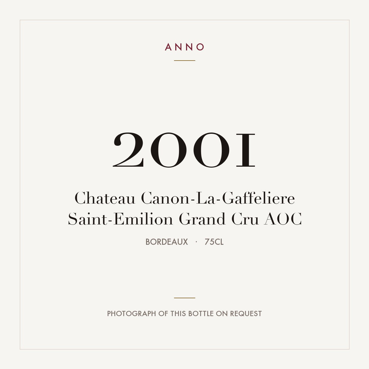 Chateau Canon-La-Gaffeliere Saint-Emilion Grand Cru 2001 AOC 0,75l from Bordeaux — ANNO vintage card; photograph of the actual bottle available on request
