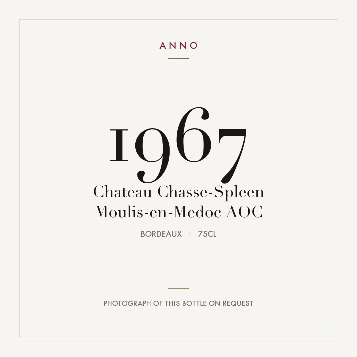 Chateau Chasse-Spleen Moulis-en-Medoc 1967 AOC 0,75l from Bordeaux — ANNO vintage card; photograph of the actual bottle available on request