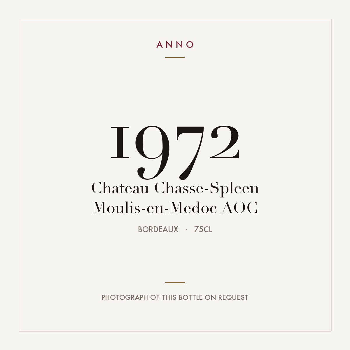Chateau Chasse-Spleen Moulis-en-Medoc 1972 AOC 0,75l from Bordeaux — ANNO vintage card; photograph of the actual bottle available on request